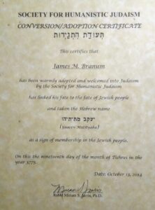 adoption/conversion certificate from the Society for Humanistic Judaism