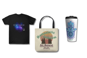 Items from the Society for Humanistic Judaism shop. T-shirt, Tote Bag, Travel Mug